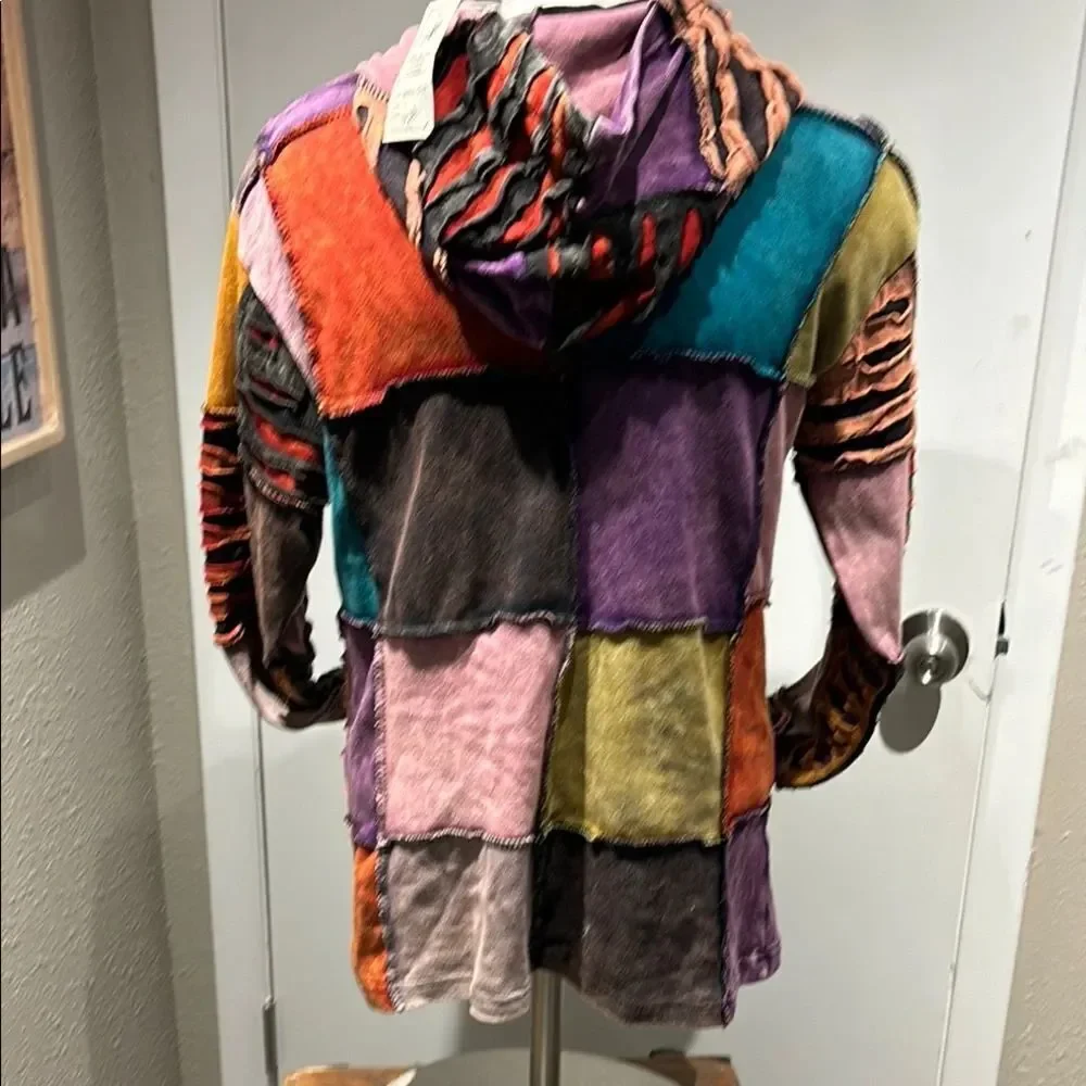 Vibrant Patchwork Hooded Jacket with Purple and Orange Accents - Picture 4 of 9